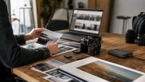 Photographer organizing image proofs and camera files on a studio worktable