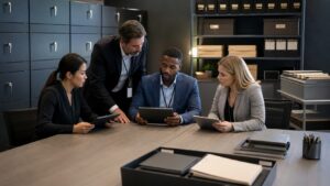 Enterprise compliance team reviewing protected cloud content in a secure records workspace