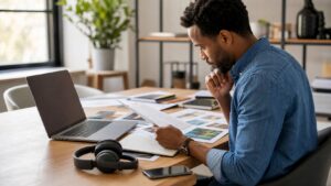 Knowledge worker reviewing project materials at a desk while evaluating AI search workflows