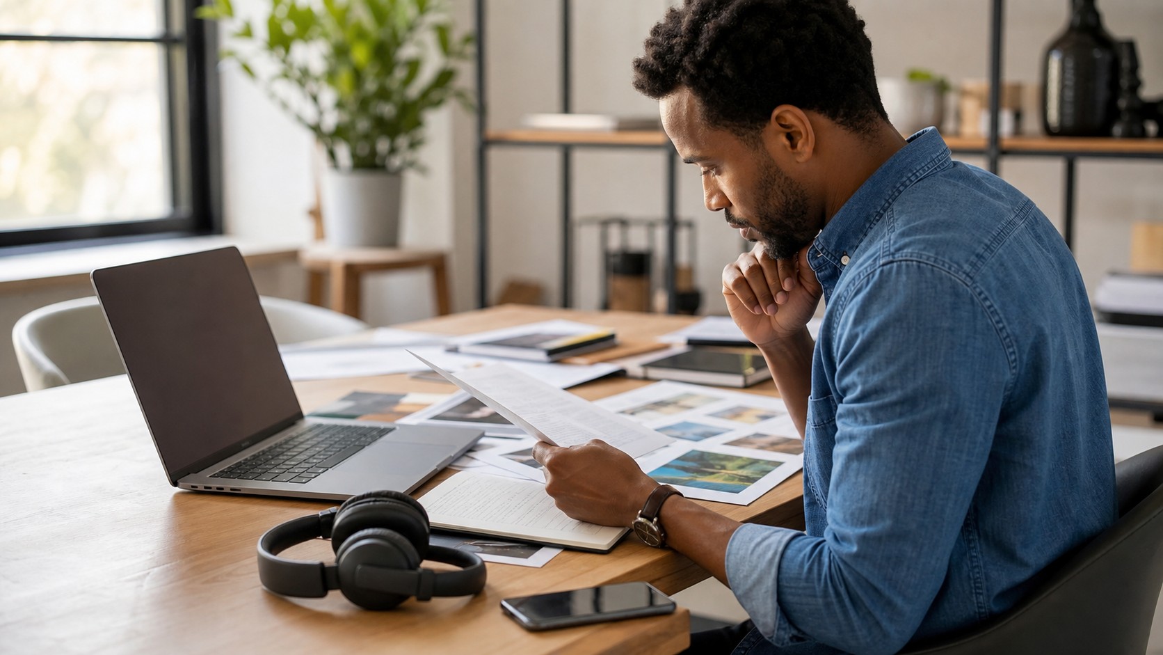 Knowledge worker reviewing project materials at a desk while evaluating AI search workflows