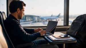 Traveler working offline on a laptop in an airport lounge with cloud files prepared in advance