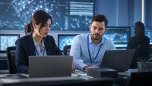IT administrators reviewing secure OneDrive governance controls in a modern operations room